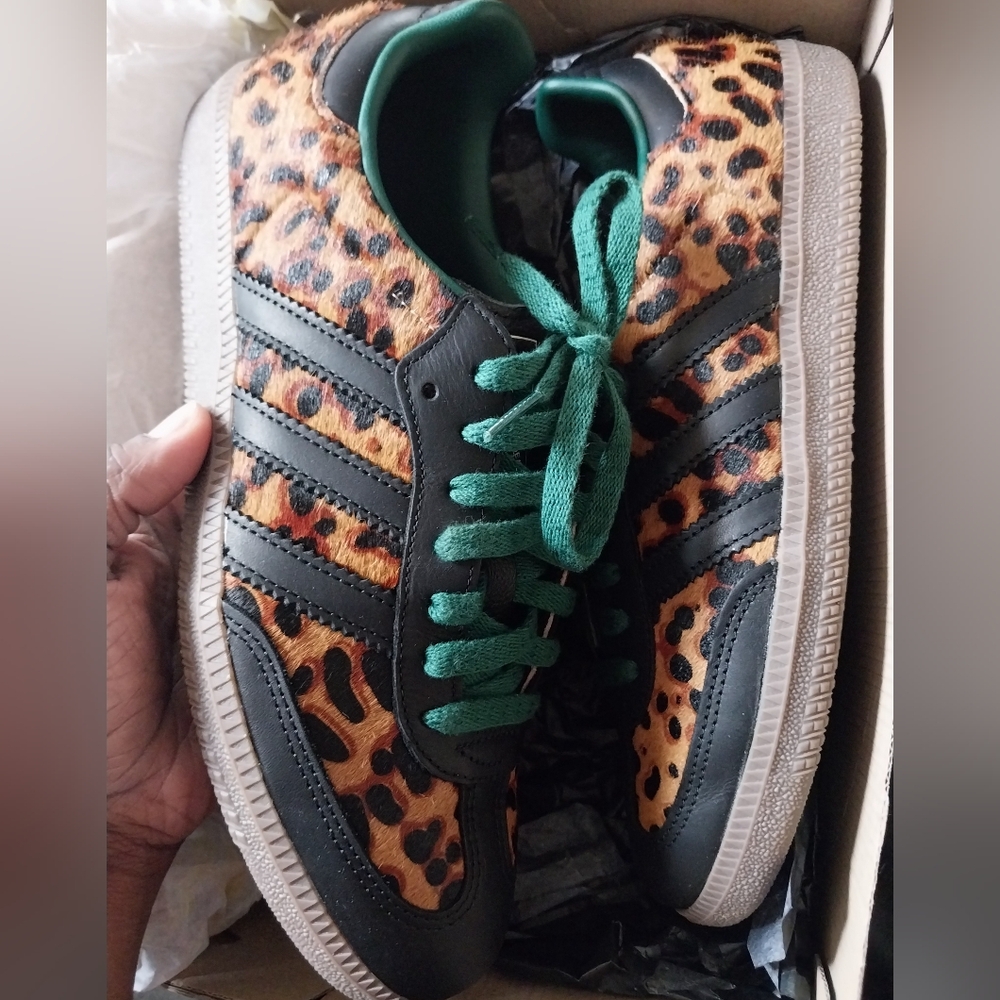 Adidas Leopard Print Sambas with Green Accents